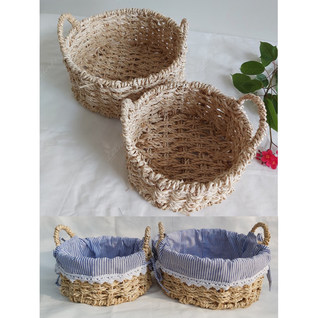 Khay cói tròn có quai kèm vải lót cotton, giỏ đan từ sợi buông hàng VN, hình thật shop chụp