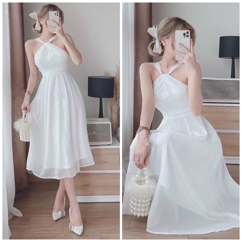 Đầm yếm trắng tùng xoè