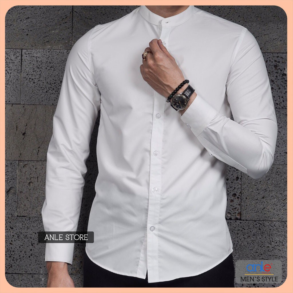 SHOP style  Áo sơ mi nam cổ trụ cổ tàu công sở LOUIS form Hàn Quốc Cotton lụa Xuất Khẩu đẹp cao cấp màu trắng đen