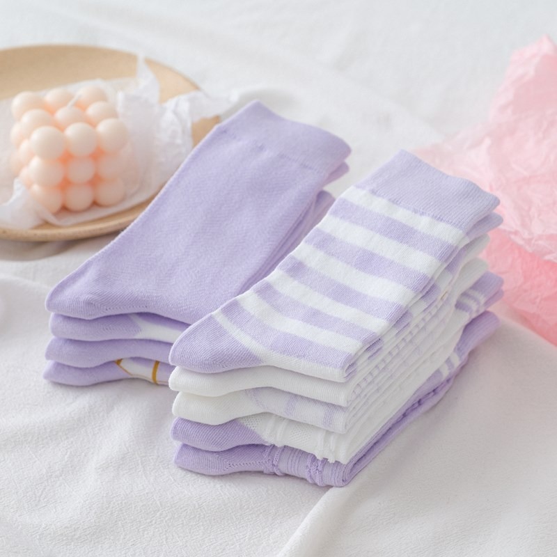Đôi vớ cotton dài màu tím họa tiết kẻ sọc/caro thời trang cho nữ