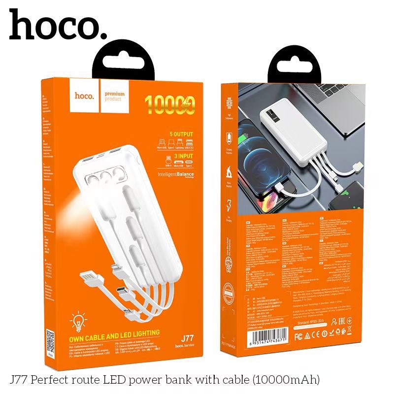 Pin sạc dự phòng đa năng Hoco J77 (10000mAh) đèn LED hiển thị, kèm cáp liền Ligntning, Micro, Type-C - Chính hãng