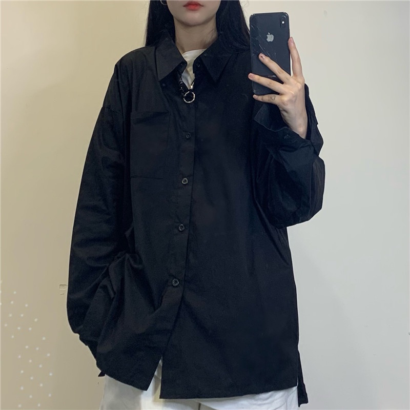 Áo sơ mi nam nữ tay dài form rộng unisex màu trắng - đen cotton Yinxx ASM03