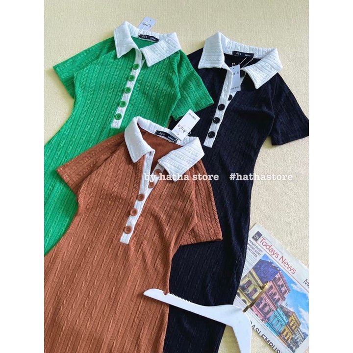 ĐẦM BODY THUN BÔNG LÚA CỔ POLO NÚT MÀU KÈM ẢNH THẬT