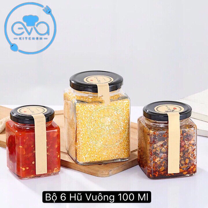 Bộ 6 Hũ Thủy Tinh Vuông Nắp Vặn Dung Tích 100 ML