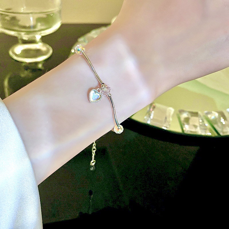 Lắc tay gợn sóng đá moonstone trái tim nhân tạo bạc 925, lắc tay bạc trái tim dây gợn sóng Blackmeo