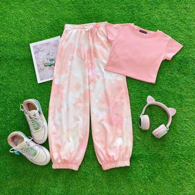 Set Bộ áo Croptop Bò Sữa Phối Quần Loang Unisex Ống Rộng/ Áo Crt Ôm Body Sành Điệu M12