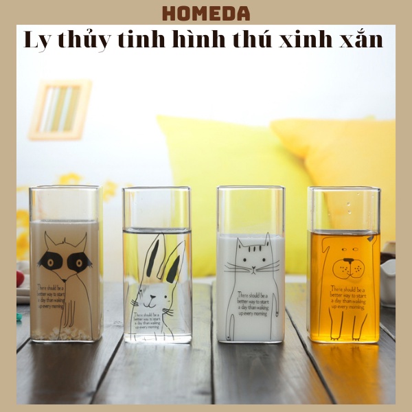 Ly Thủy Tinh Vuông hình thú dễ thương trong suốt chịu nhiệt, Cốc uống nước, ly cà phê đa năng tiện dụng nhà bếp HOMEDA