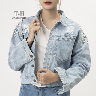 Áo khoác jean nữ  vai đính ngọc cao cấp, áo khoác bò nữ thiết kế trẻ trung, cá tính AKG15 Oppashop1