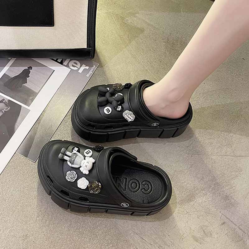 Dép Sục Crocs Đế Cao Hack Chân Đi Mưa Full Phụ Kiện Màu Xanh Trắng Đen