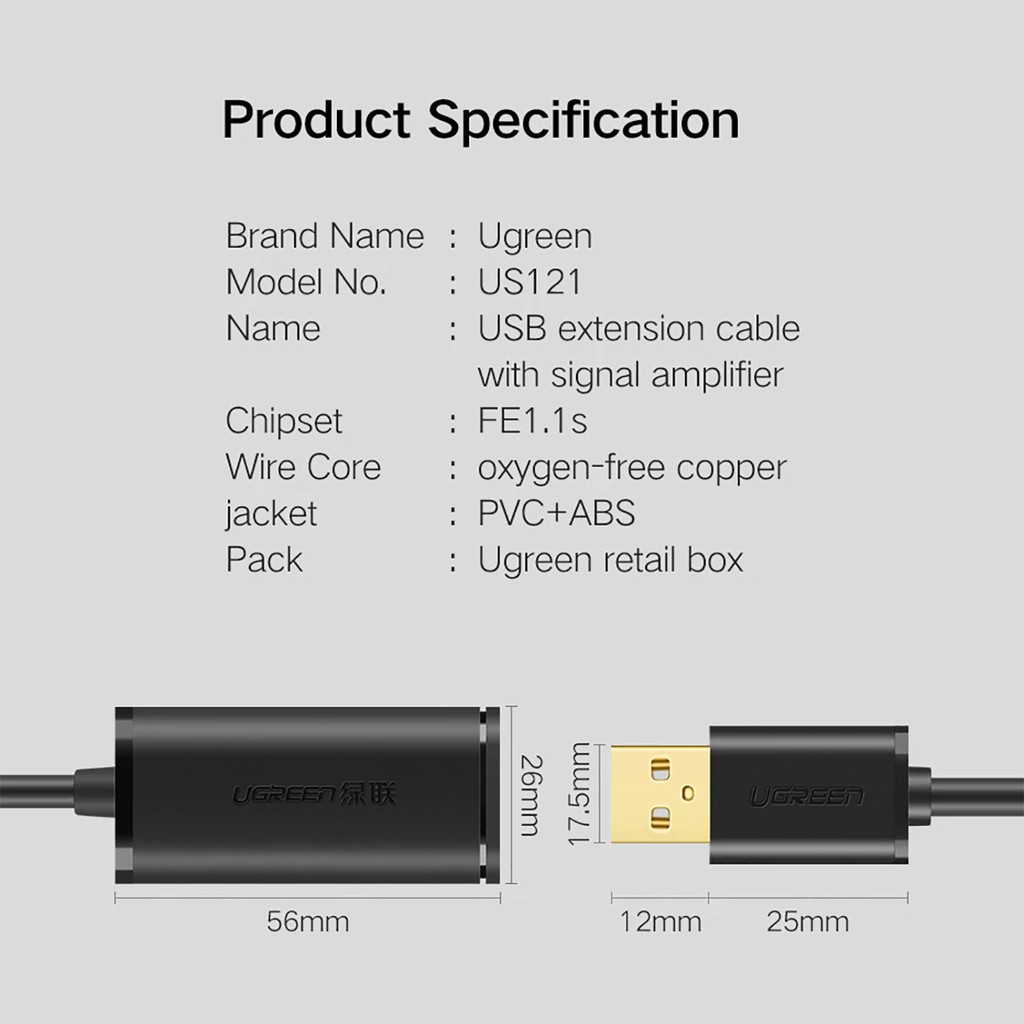 Cáp Nối Dài USB 2.0 Chipset Khuếch Đại Tín Hiệu Ugreen US121 Chính Hãng