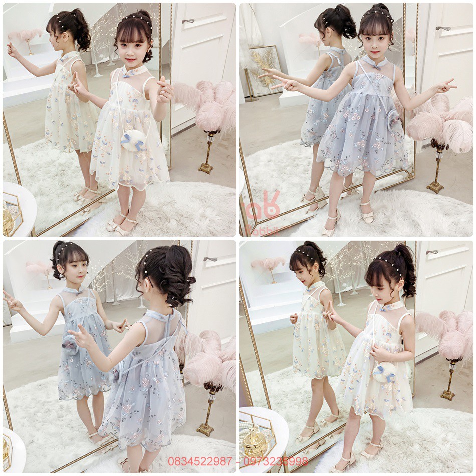 V01 Váy đầm công chúa thêu họa tiết xinh xắn cho bé