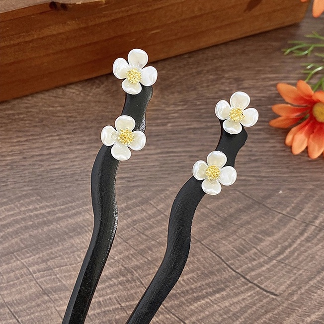 Kẹp Tóc Đính Hoa Bằng Gỗ Mun Phong Cách Vintage Thời Trang