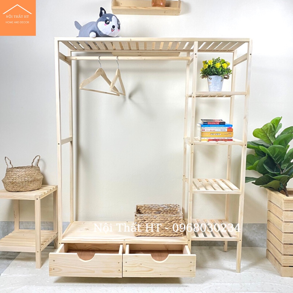 Tủ kệ treo quần áo 2 ngăn gỗ  size lớn - Nội Thất HT