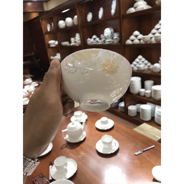 bát cơm mã c02 hoa kẻ vàng Sứ xương bone pocerlain minh châu