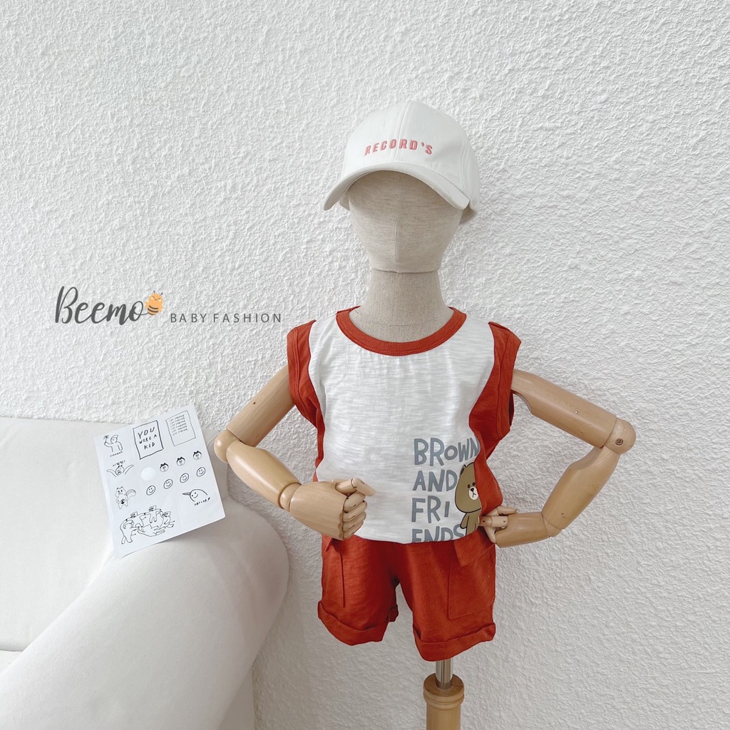 Bộ set quần áo Beemo sát nách in gấu Brown mặc hè 2 màu cho bé trai,bé gái từ 1 đến 6 tuổi 22133BHH