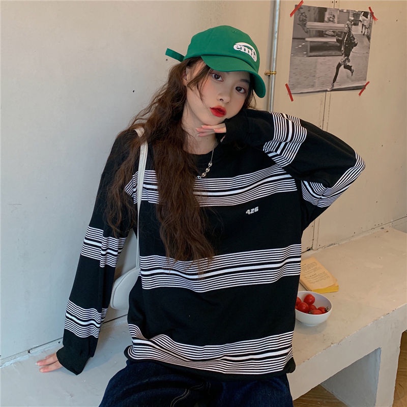 Áo Sweater Mỏng Dáng Rộng Họa Tiết Kẻ Sọc Thời Trang Mùa Thu Mới Cho Nữ