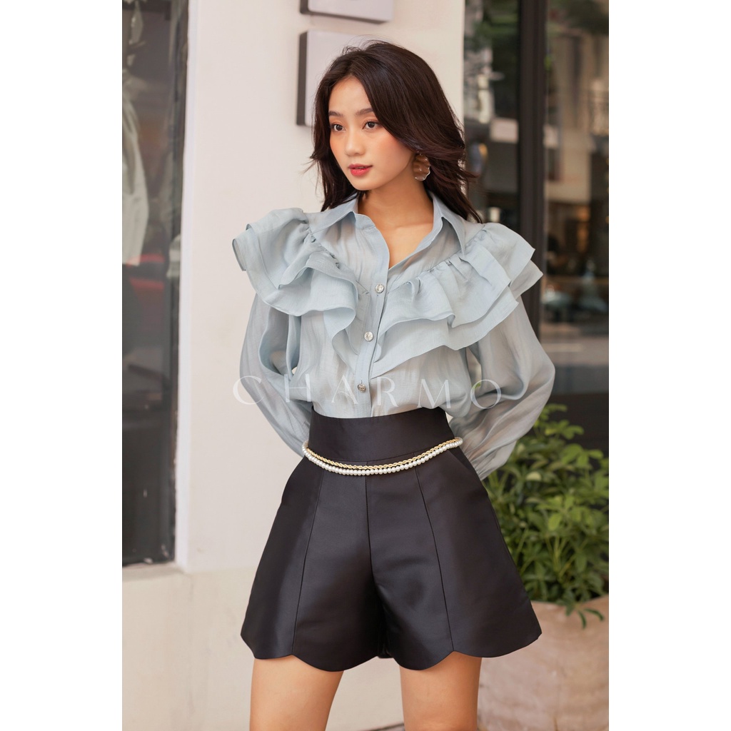 Áo sơ mi thiết kế CHARMO tay dài điểm nhấn bèo hai lớp vải lụa xốp Lily Shirt