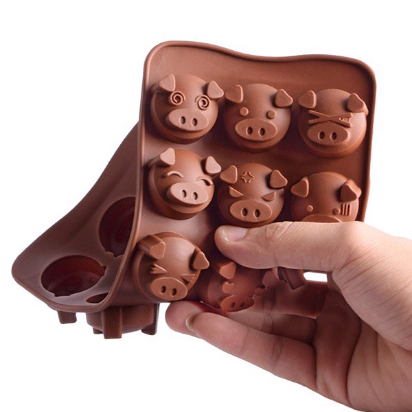 Khuôn Silicon Làm Socola,Thạch Rau Câu,Kẹo Dẻo,Pudding Trang Trí Hình 15 Mặt Heo Biểu Cảm