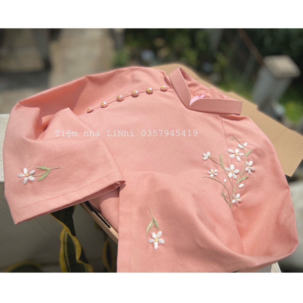Set áo dài linen bột thêu hoa (giá đã gồm thêu)