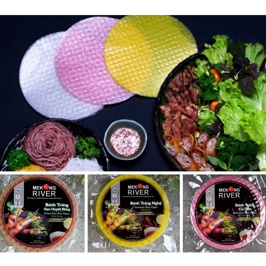 Bánh Tráng Nghệ/ Bánh Tráng Củ Dền/ Bánh Tráng Gạo Lứt Huyết Rồng/ Bánh Tráng Ba Màu Mekong River 22cm - Gói 300