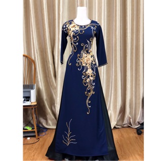 Áo dài xanh💥FREESHIP 💥Áo dài đính kết hoa ren sang chảnh cho quý bà