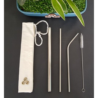 Bộ 5 món:2 Ống hút inox 304 ,1 ống hút trà sữa và 1 cọ rửa nilon và túi canvas