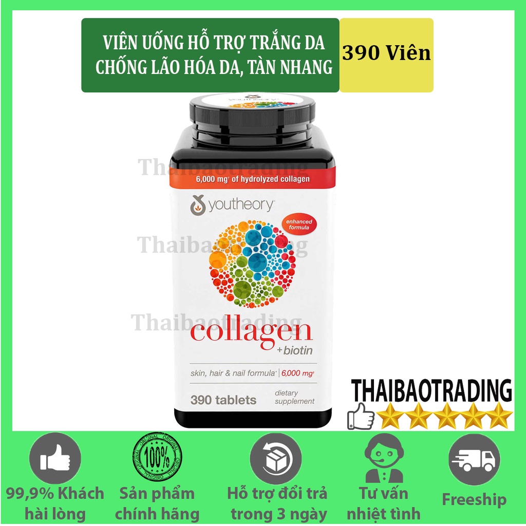 Viên uống Collagen Hỗ trợ trắng da, chống lão hóa tàn nhàng - Collagen Youtheory 390 Viên (Mẫu mới)