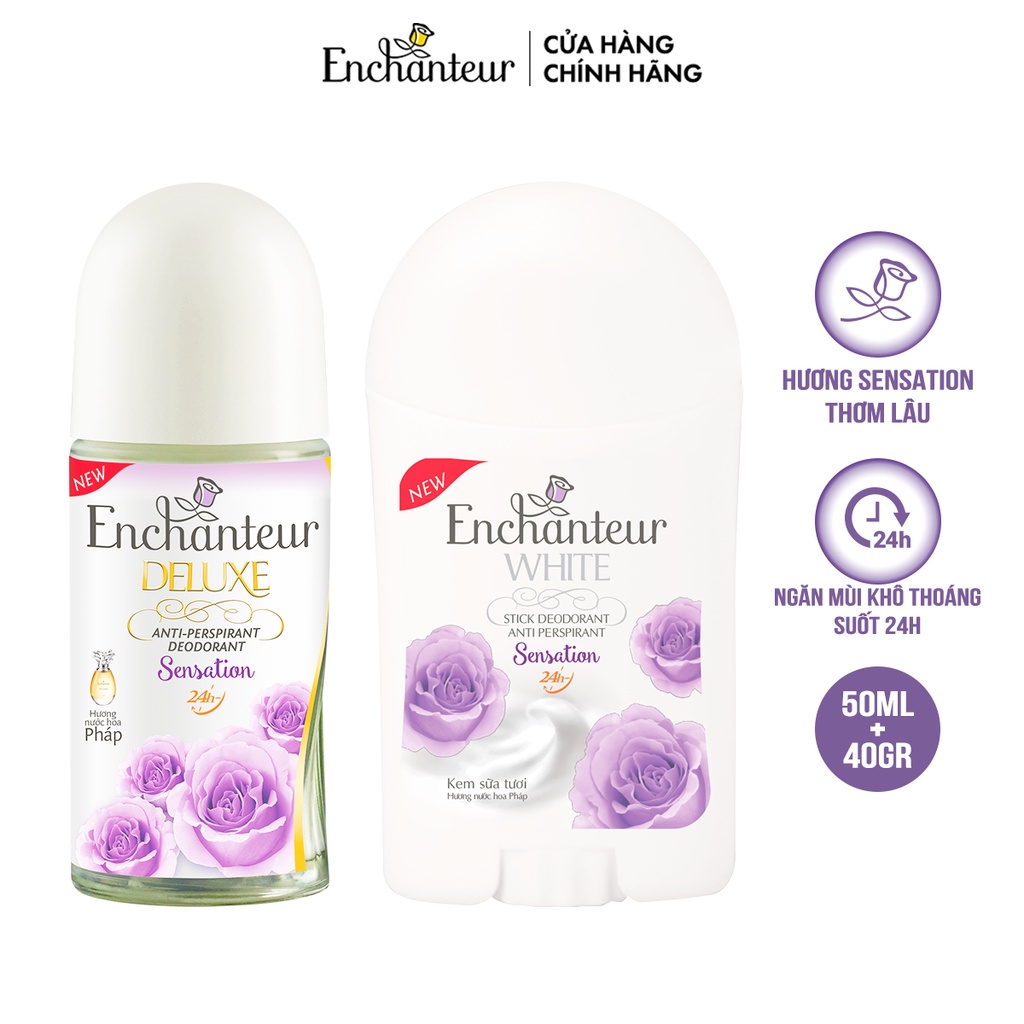 Combo Lăn Khử Mùi Hương Nước Hoa Enchanteur Sensation 50ml + Sáp Khử Mùi Trắng Da Enchanteur Sensation 40g