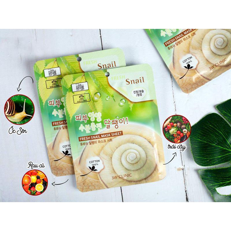 Bộ 10 gói mặt nạ dưỡng ẩm chiết xuất ốc sên 3W Clinic Fresh Snail Mask Sheet (23ml x 10) - Hàn Quốc Chính Hãng