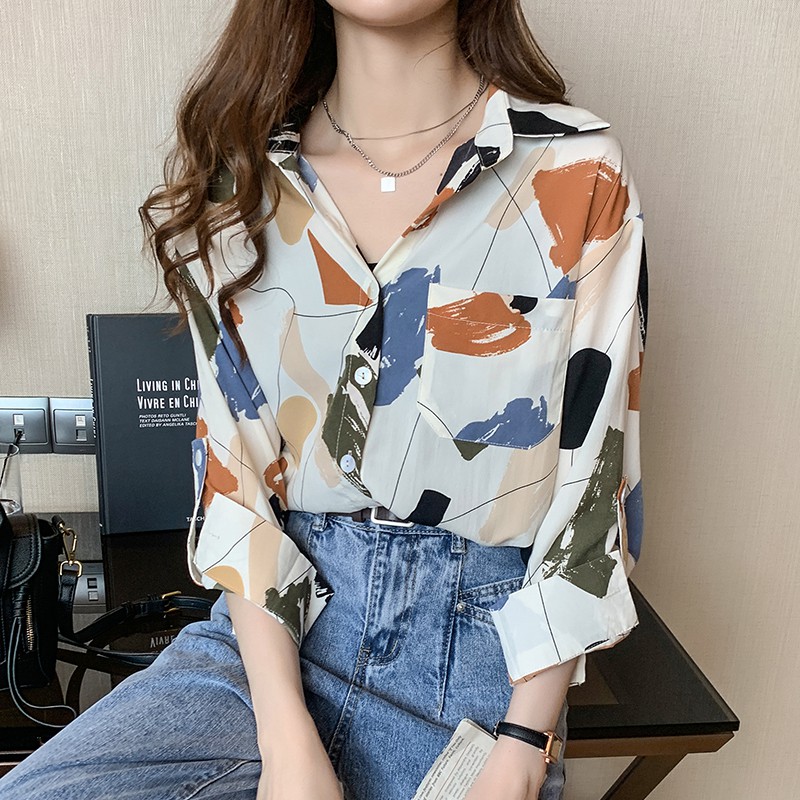 Áo Sơ Mi Nữ Tay Dài Họa Tiết Phong Cách Vintage Thời Trang Hàn Quốc