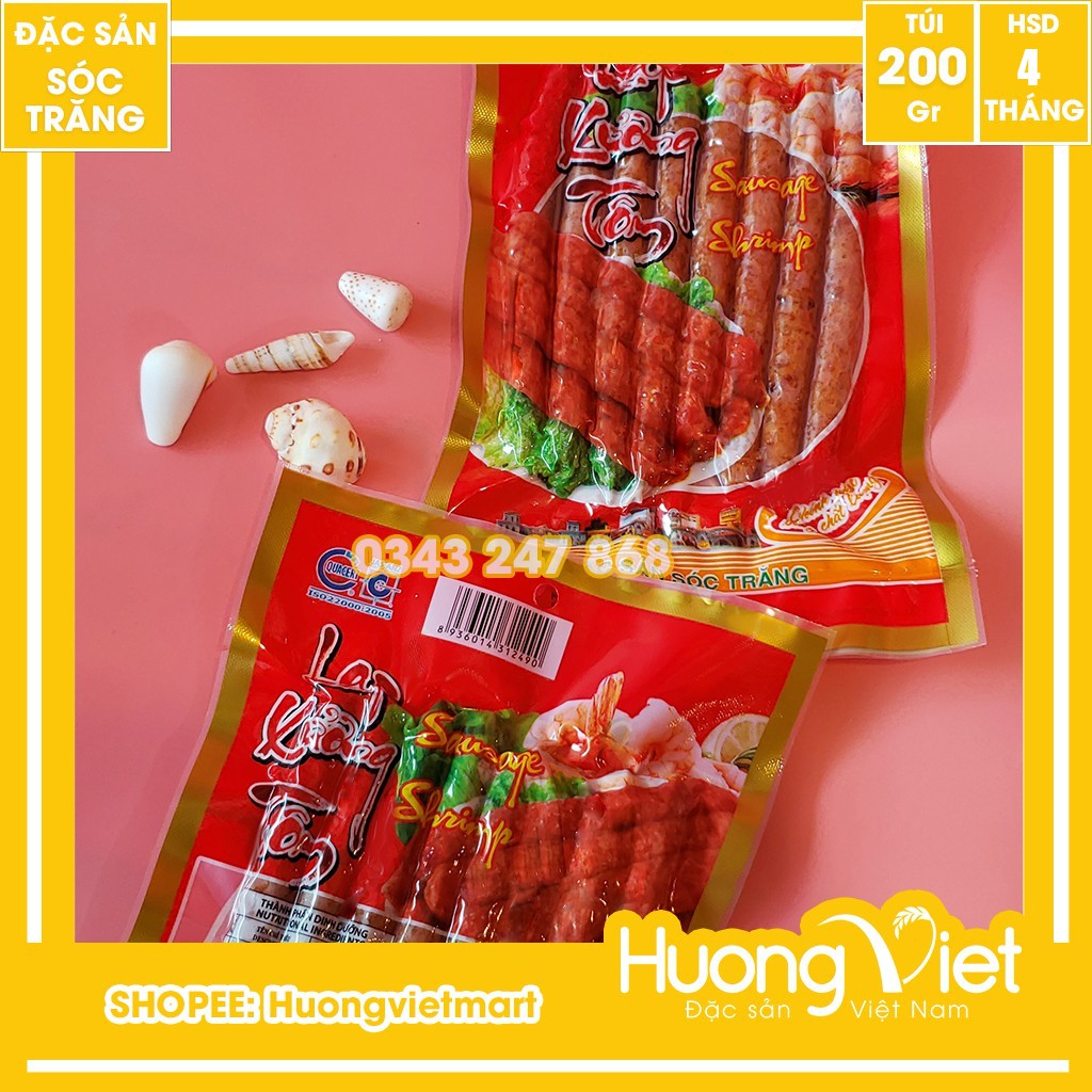 Lạp xưởng tôm Sóc Trăng Tân Huê Viên cao cấp 200g, lạp xưởng Mai Quế Lộ làm từ thịt tôm tươi vị cay nhẹ hút chân không