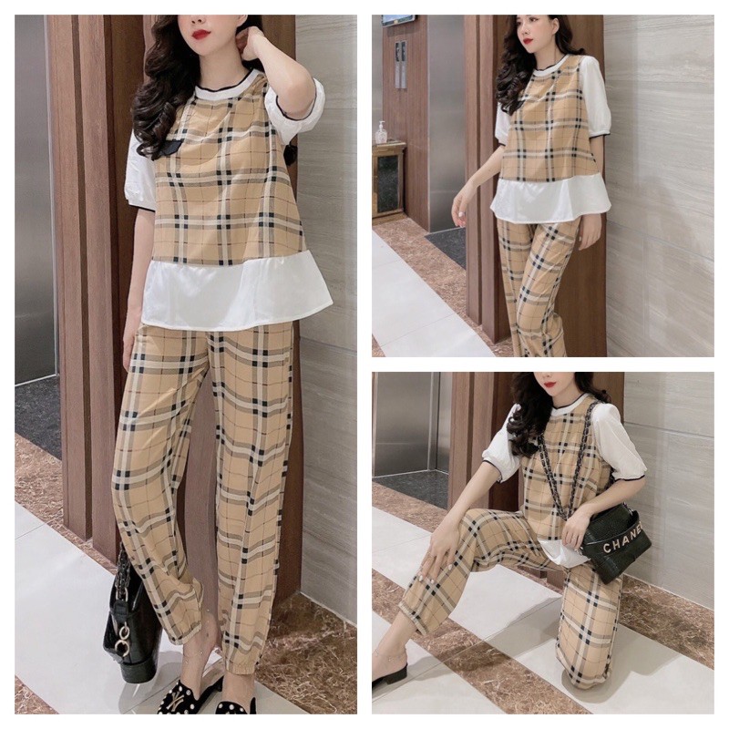 SET KẺ KARO BB TAY BỒNG chất chéo thái mát nhẹ