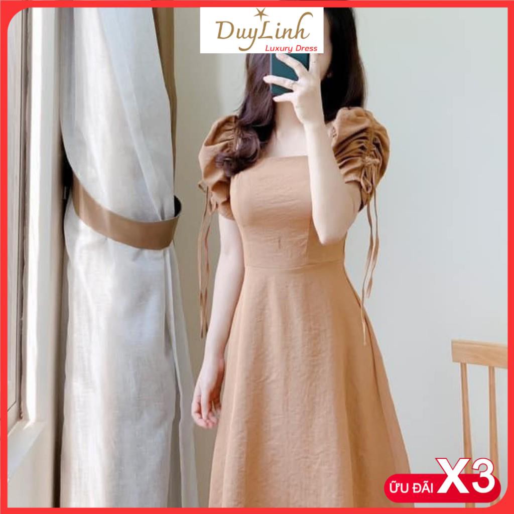 Đầm dự tiệc cổ vuông tay bồng rút dây sang chảnh