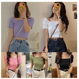 Áo Croptop Dệt Kim Tay Ngắn Thiết Kế Trễ Vai Nữ Tính (Hàng QC có sẵn)