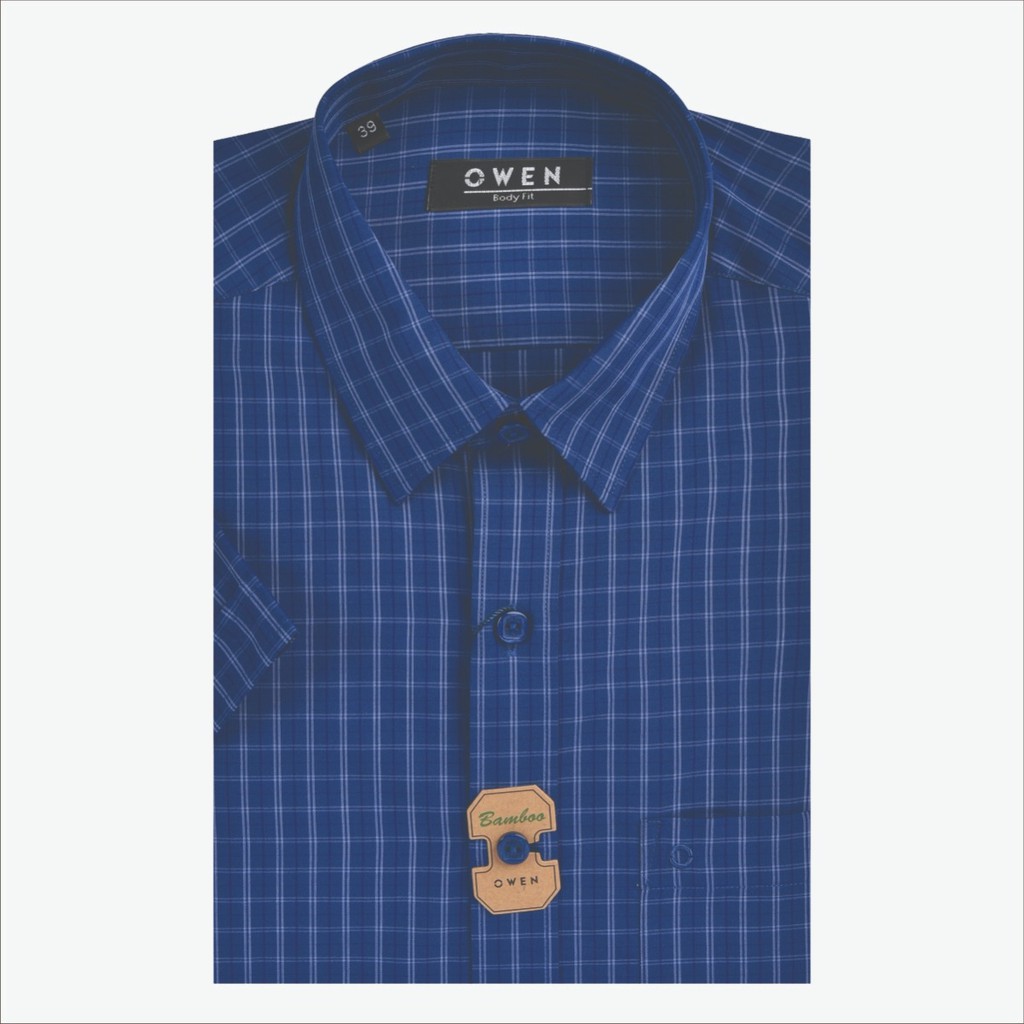 Áo sơ mi owen ngắn tay màu xanh navy caro trắng body fit vạt ngang BA22674NT