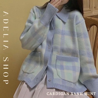  Khoác Len Xanh Mint | Áo Cardigan Len Nữ Cổ Polo Bẻ Hàn Quốc Đan Màu Xanh Mềm Mại Áo Cardigan Tiểu Thư Ulzzang 