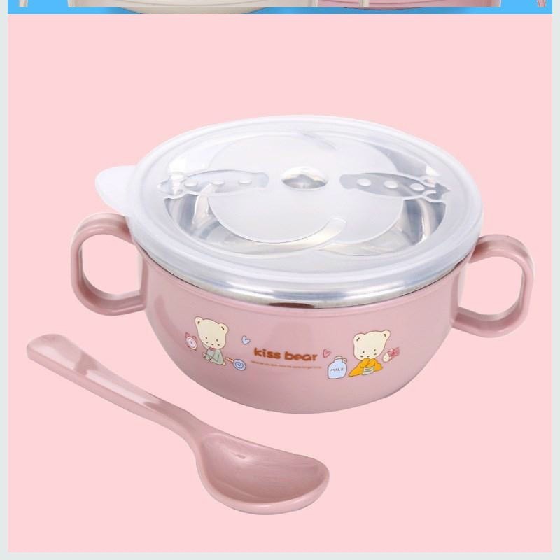 Bát Ăn Dặm Inox 2 lớp Cách Nhiệt Cho Bé Có Tay Cầm Nắp Đậy Kèm Thìa