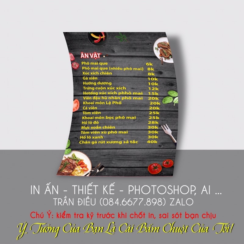 Menu Bảng giá  mika đứng A4, thiết kế và in theo yêu cầu
