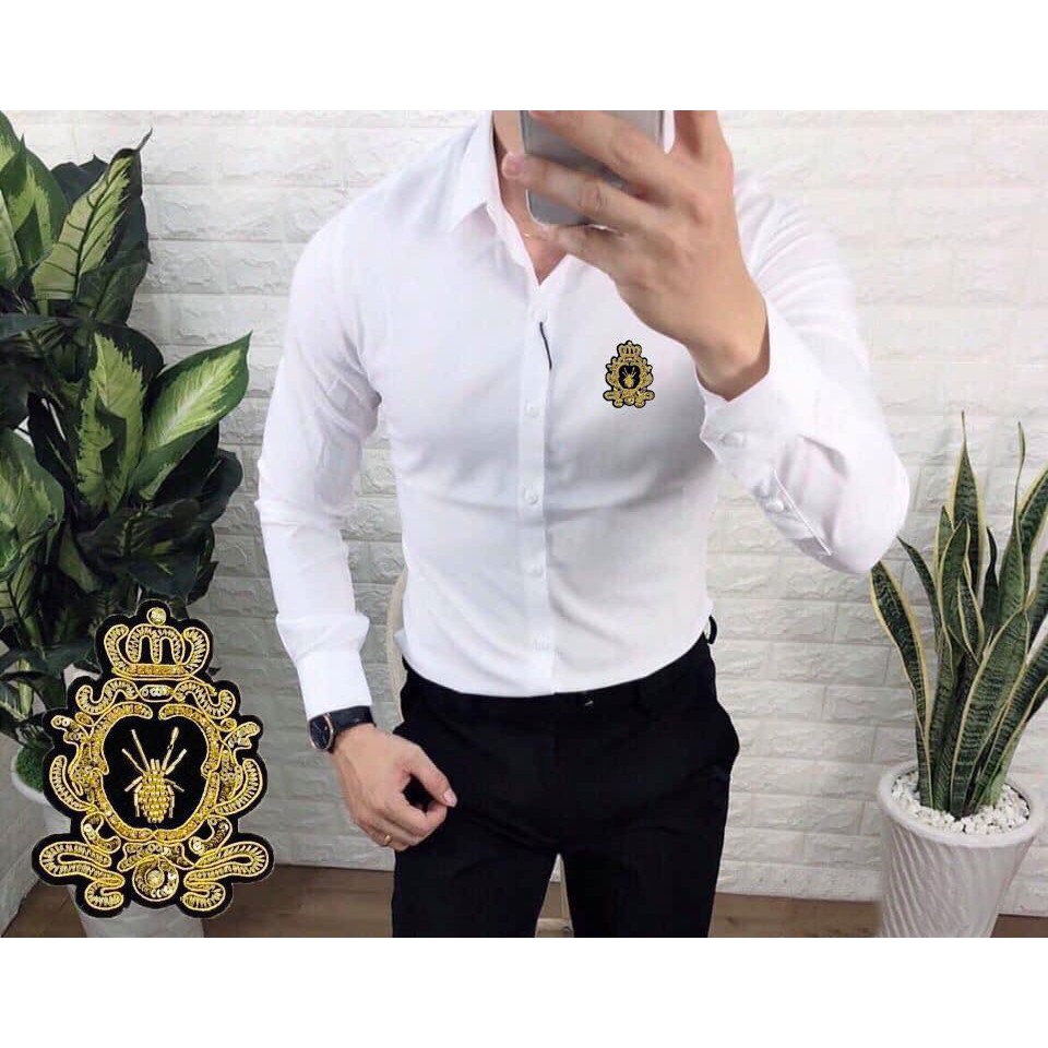 [ Sơ mi Nam Họa Tiết ] Sơ Mi Trắng Nam Phối Họa Tiết Thêu Nhện Vàng cao cấp Vải Lụa Chống Nhăn Không Xù 2020 atbshop