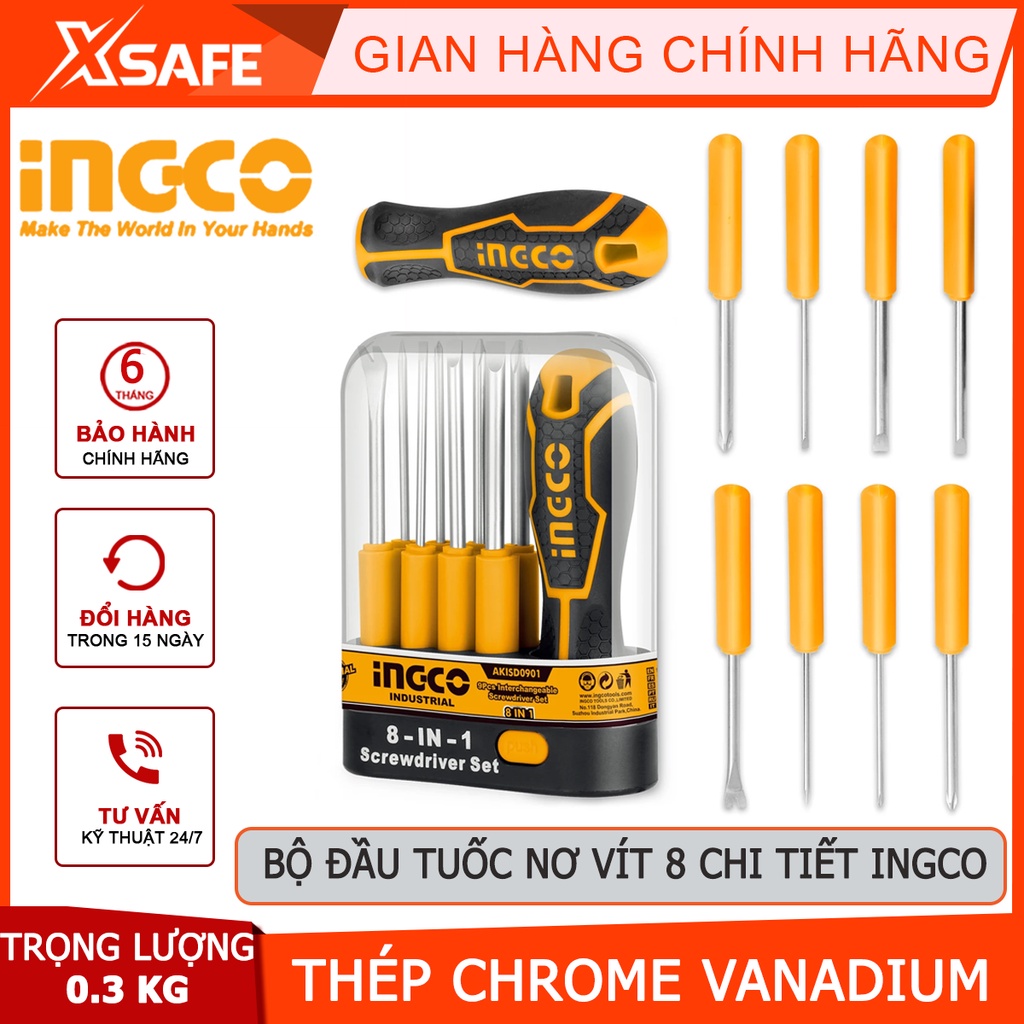 Bộ 9 tua vít đa năng INGCO AKISD0901 Bộ tuốc nơ vít thép CR-V đầu vít khỏe, cứng cáp, tay cầm có thể hoán đổi - [XSAFE]