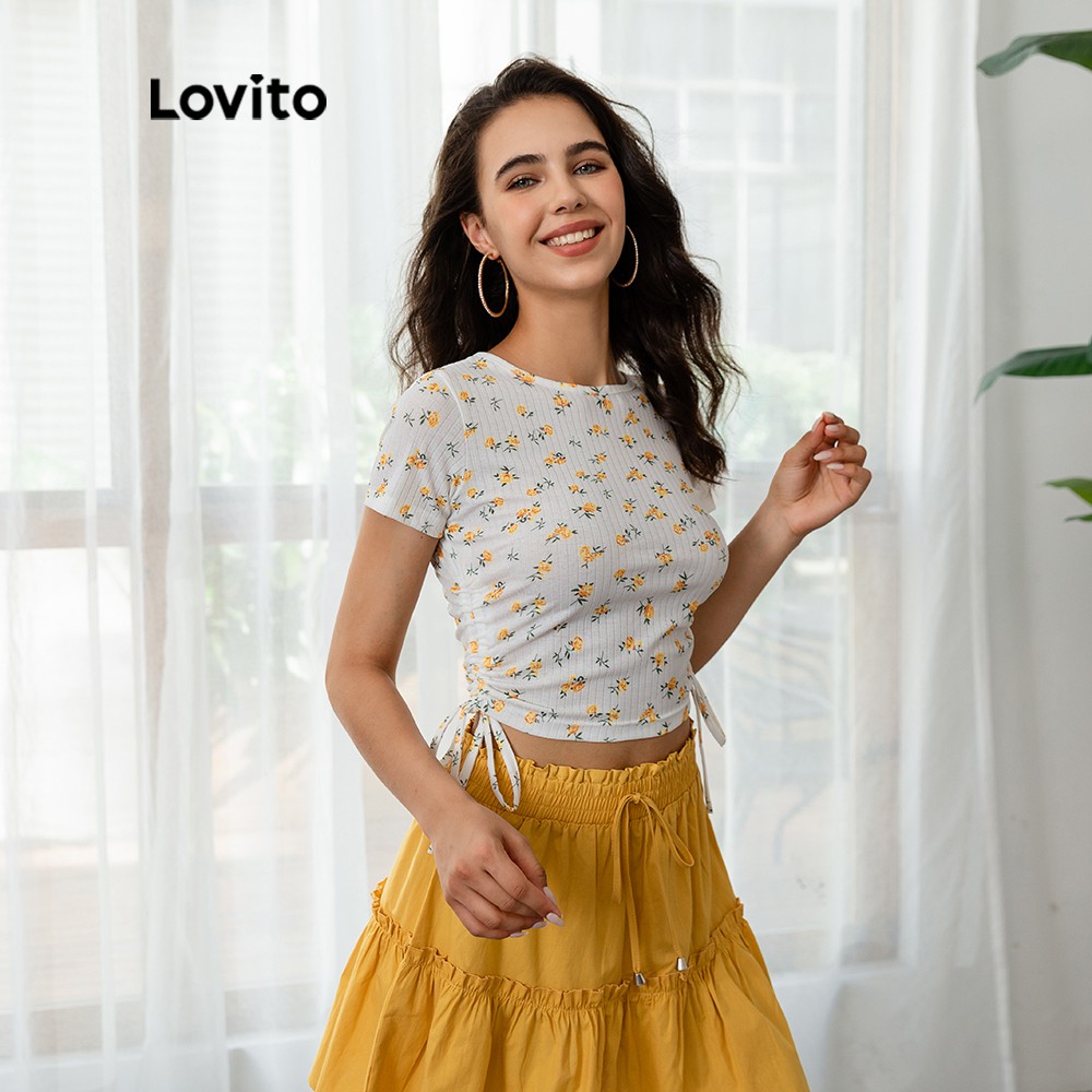 Áo Thun Croptop Lovito Rút Dây In Hoa Thời Trang Thường Ngày L03109 (Màu Trắng) | BigBuy360 - bigbuy360.vn
