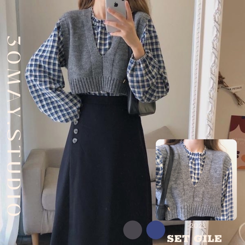 Set áo sơ mi kẻ cổ chun và áo gile croptop xám cổ V mùa thu ngọt ngào