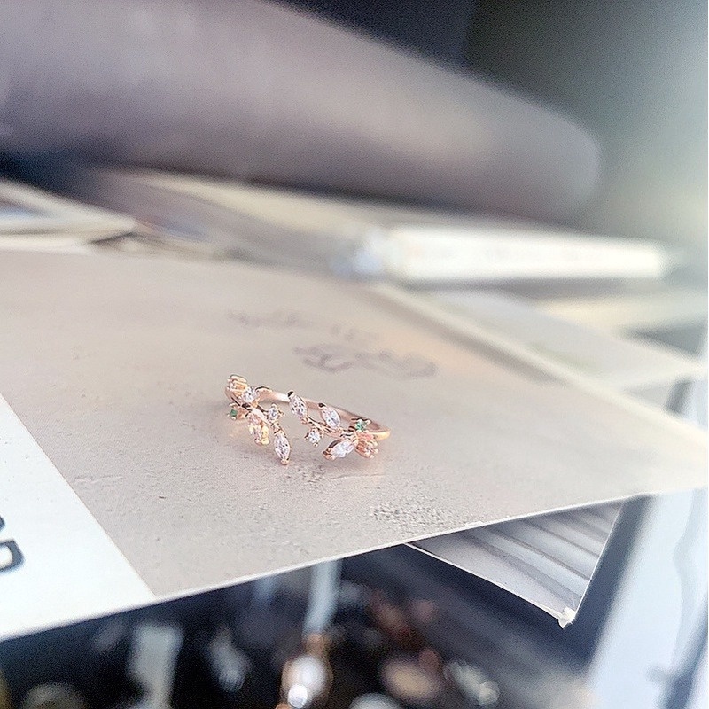 Nhẫn hở đính đá mạ bạc 925 hình chiếc lá thiết kế thời trang Hàn Quốc cho nữ