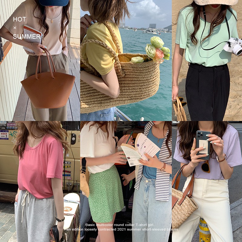 Áo thun trơn Ngắn tay nữ Áo phông nữ Cổ tròn Tay ngắn Cotton Basic Form rộng Ulzzang Hàn Quốc Thời trang