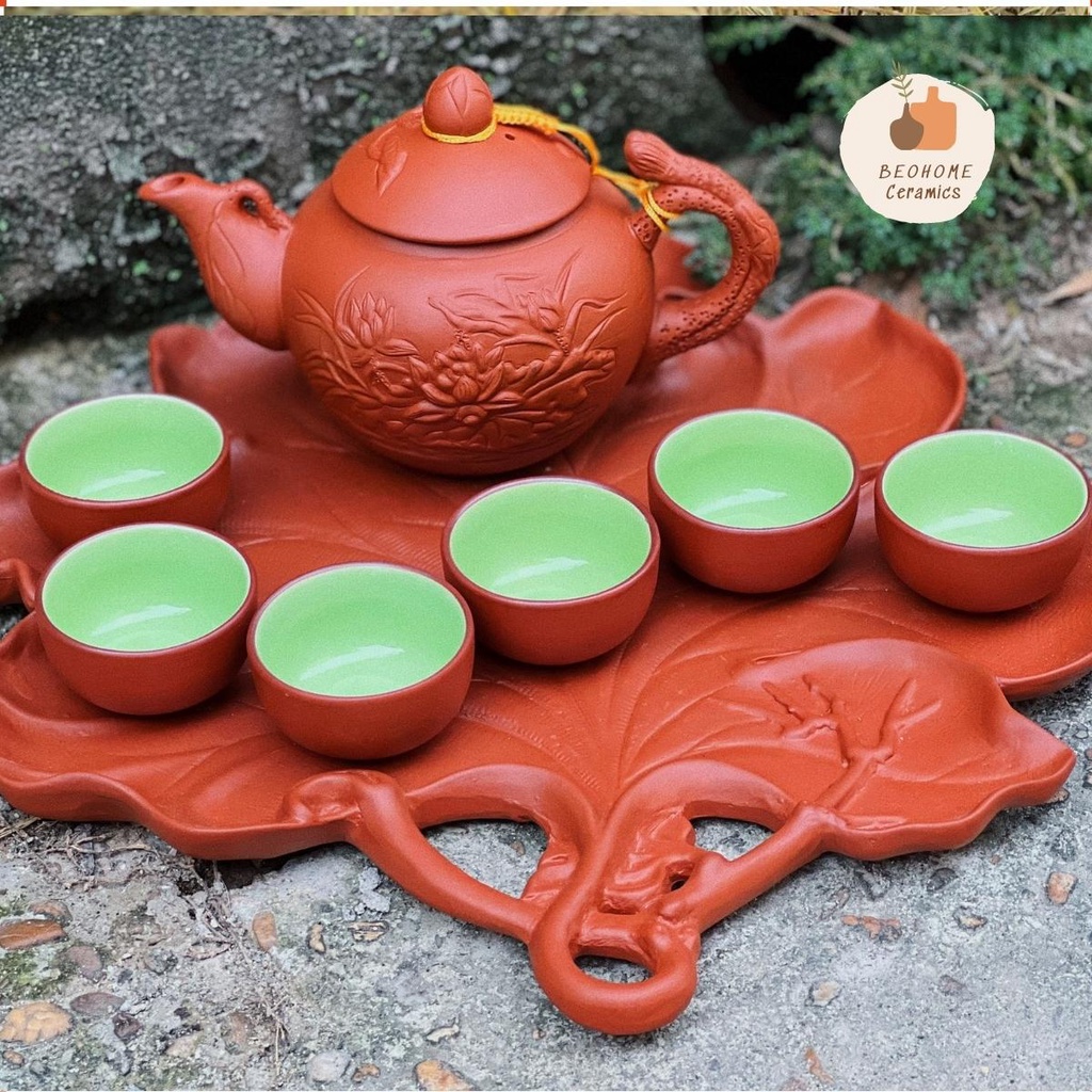 Bộ ấm chén tử sa Bát Tràng ấm tử sa cao cấp kèm khay lá đắp thủ công tinh xảo