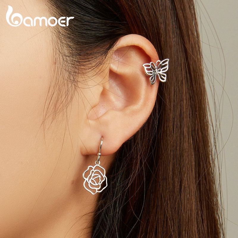BAMOER Bông Tai Bạc 925 Hình Hoa Hồng Thời Trang Cho Nữ
