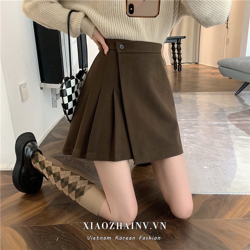 Chân váy chữ A Xiaozhainv xếp ly lưng cao phong cách Hàn Quốc trẻ trung dành cho nữ