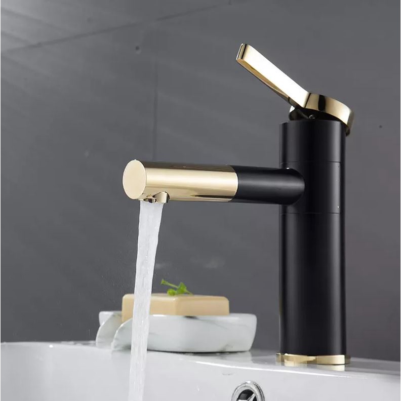 Vòi Lavabo, vòi chậu rửa mặt nóng lạnh điếu mỏ xi Đen Vàng chất liệu đồng cao cấp