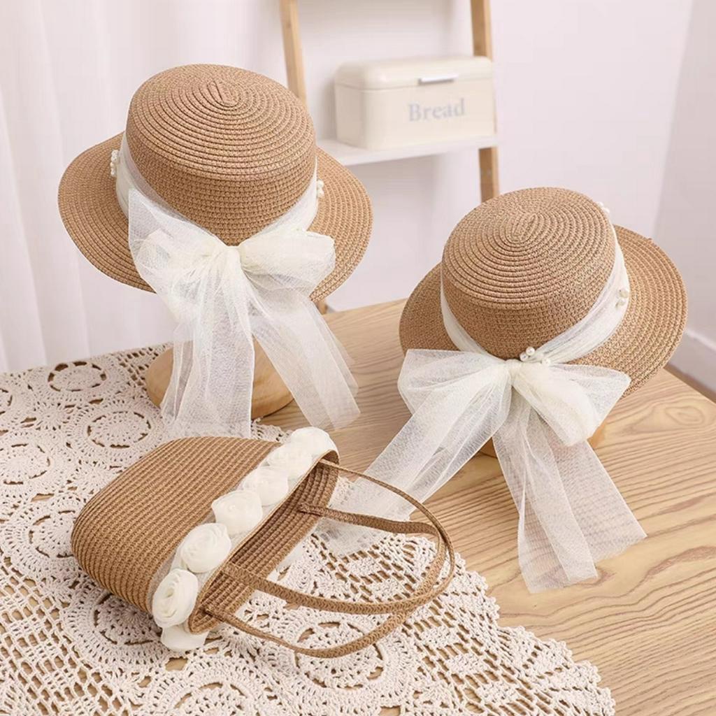 Mũ Cói Thắt Nơ Voan Lưới Đính Hạt Cho Mẹ &amp; Bé