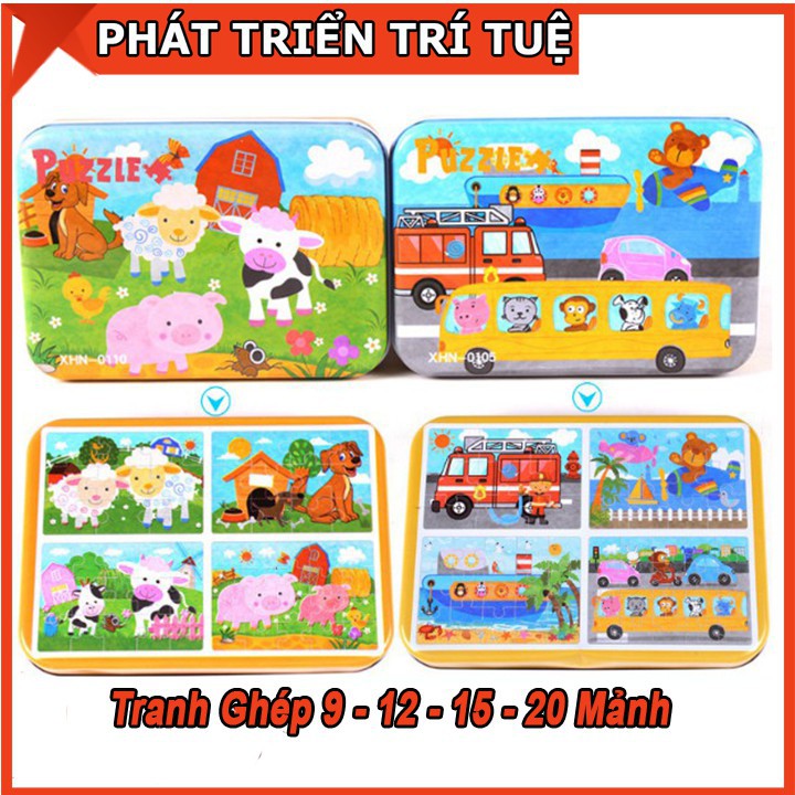 Đồ Chơi Bộ Ghép Hình Puzzle 4 Cấp Độ 9 - 12 - 15 - 20 Miếng Ghép Hộp Sắt Cho Bé